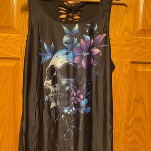 Floral Skull Graphic Tank Top - Black